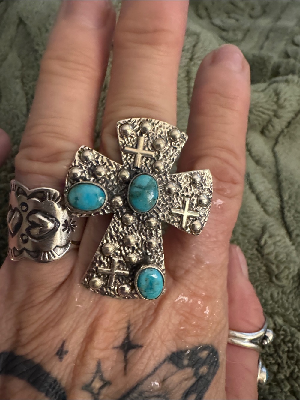 Turquoise Cross Statement Ring - 925 Silver Women Jewelry